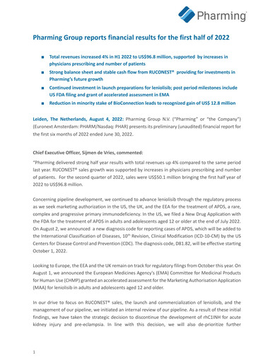 Thumbnail Pharming Group Half-year Report 2022-h1
