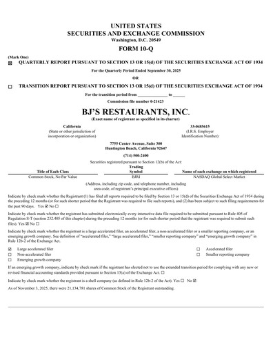 Thumbnail BJ's Restaurants
 Quarterly Report 2025-q3