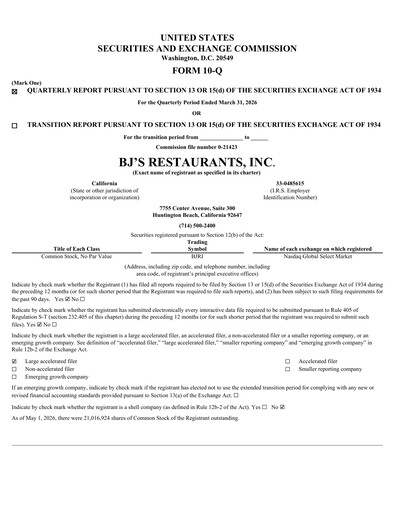 Thumbnail BJ's Restaurants
 Quarterly Report 2026-q1