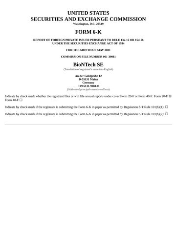 Miniature BioNTech Rapport trimestriel 2021-q1