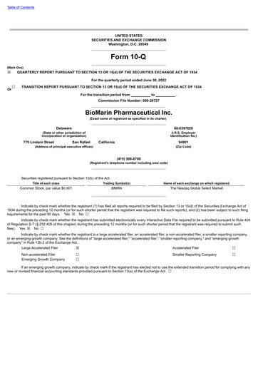 Thumbnail BioMarin Pharmaceutical Quarterly Report 2022-q2