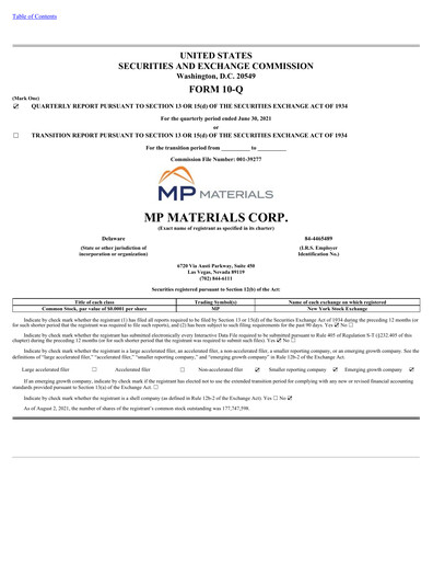 Miniature MP Materials Rapport trimestriel 2021-q2