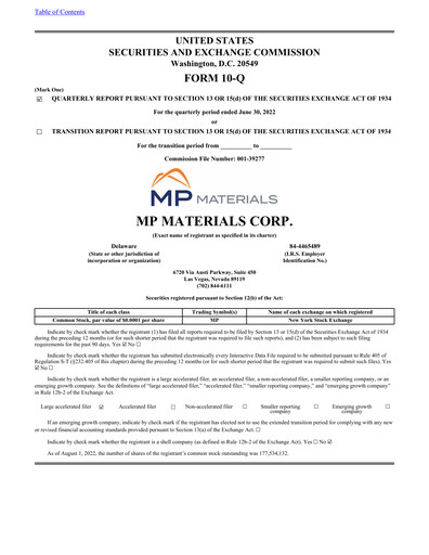 Miniature MP Materials Rapport trimestriel 2022-q2