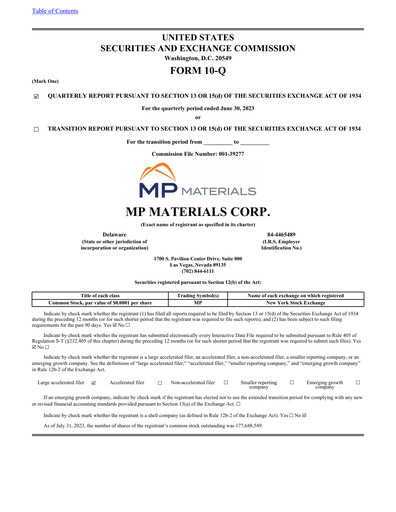 Miniature MP Materials Rapport trimestriel 2023-q2