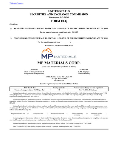 Miniature MP Materials Rapport trimestriel 2023-q3