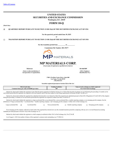 Miniature MP Materials Rapport trimestriel 2025-q2