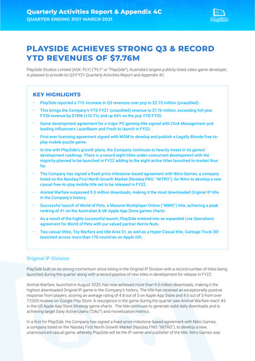 Miniature PlaySide Studios Rapport trimestriel 2021-q3