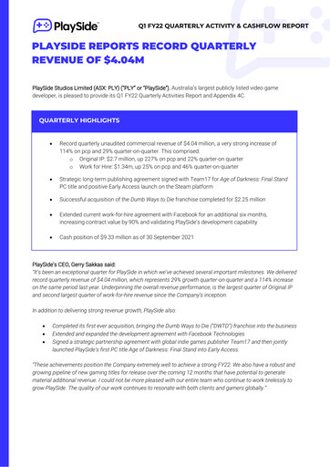 Miniature PlaySide Studios Rapport trimestriel 2022-q1