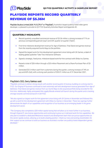 Miniature PlaySide Studios Rapport trimestriel 2022-q2