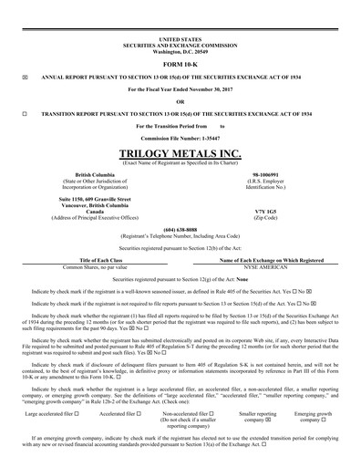 Thumbnail Trilogy Metals
 Annual Report fy2017