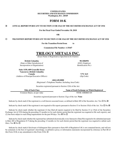 Thumbnail Trilogy Metals
 Annual Report fy2018