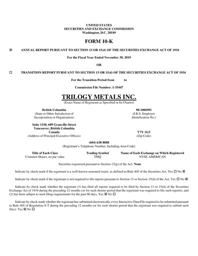 Thumbnail Trilogy Metals
 Annual Report fy2019