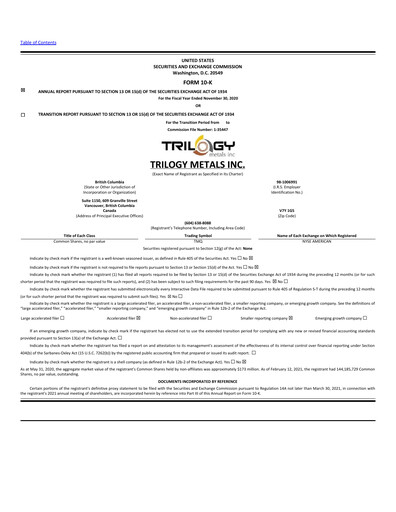 Thumbnail Trilogy Metals
 Annual Report fy2020