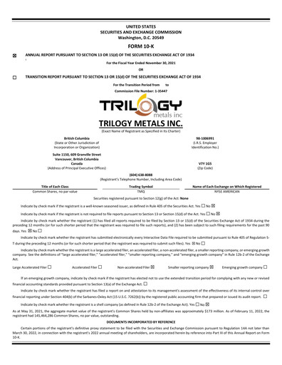 Thumbnail Trilogy Metals
 Annual Report fy2021