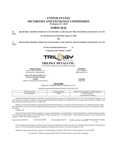 Thumbnail Trilogy Metals
 Quarterly Report fy2020-q3