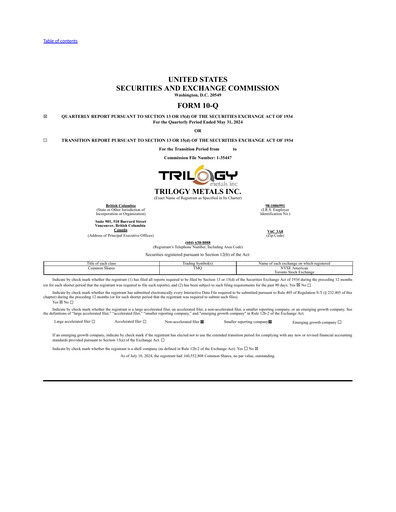 Thumbnail Trilogy Metals
 Quarterly Report fy2024-q2