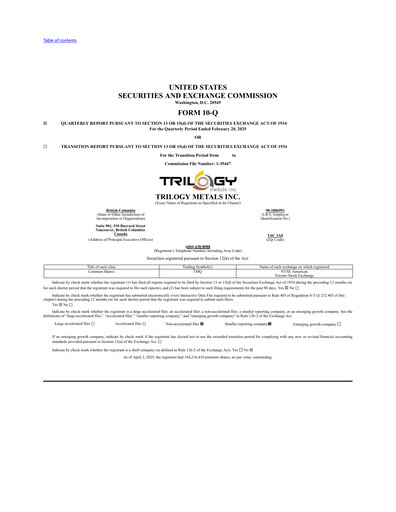 Thumbnail Trilogy Metals
 Quarterly Report fy2025-q1