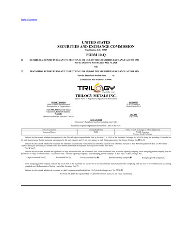 Thumbnail Trilogy Metals
 Quarterly Report fy2025-q2