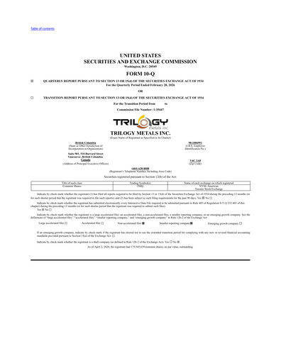 Thumbnail Trilogy Metals
 Quarterly Report fy2026-q1