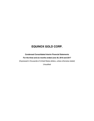 Miniature Equinox Gold
 Bilan financier 2018-q2
