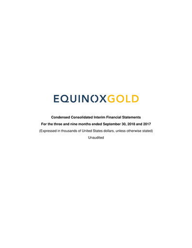 Miniature Equinox Gold
 Bilan financier 2018-q3