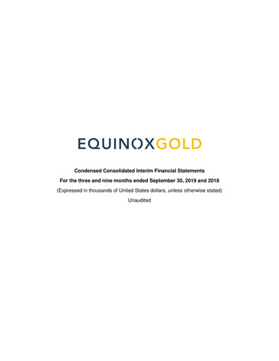 Miniature Equinox Gold
 Bilan financier 2019-q3
