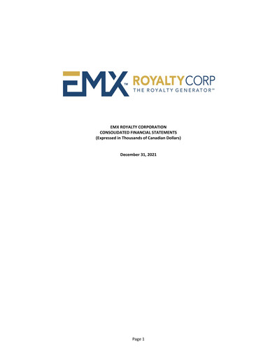 Thumbnail EMX Royalty
 Financial Statement 2021