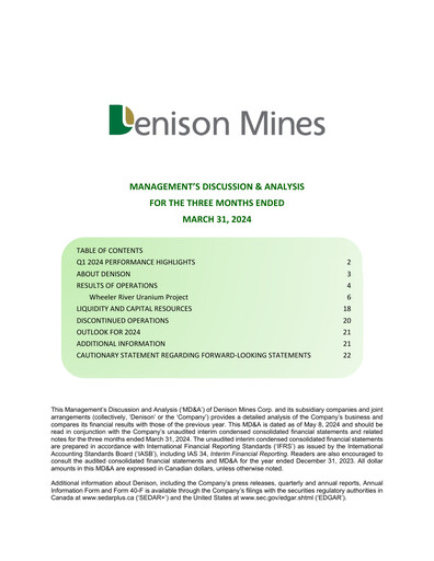Thumbnail Denison Mines
 Quarterly Report 2024-q1