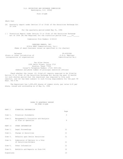 Miniature Cheniere Energy
 Rapport trimestriel 1996-q2