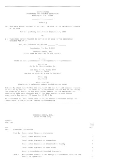 Miniature Cheniere Energy
 Rapport trimestriel 2002-q3