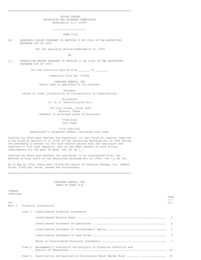 Miniature Cheniere Energy
 Rapport trimestriel 2003-q1
