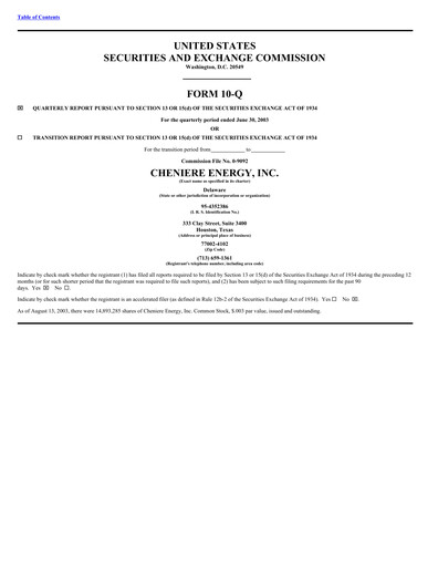 Miniature Cheniere Energy
 Rapport trimestriel 2003-q2