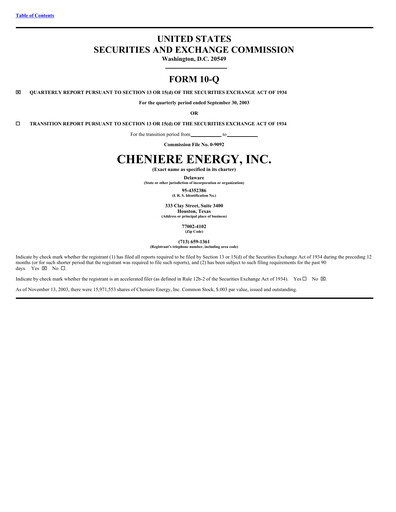 Miniature Cheniere Energy
 Rapport trimestriel 2003-q3