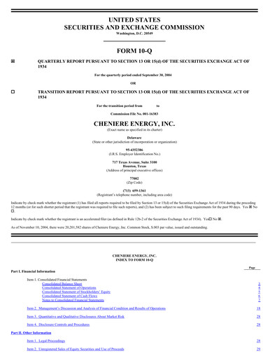 Miniature Cheniere Energy
 Rapport trimestriel 2004-q3