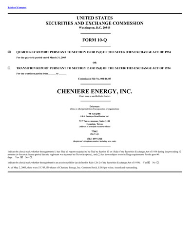 Miniature Cheniere Energy
 Rapport trimestriel 2005-q1