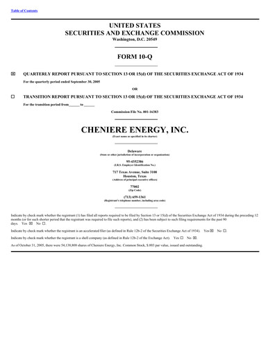 Miniature Cheniere Energy
 Rapport trimestriel 2005-q3