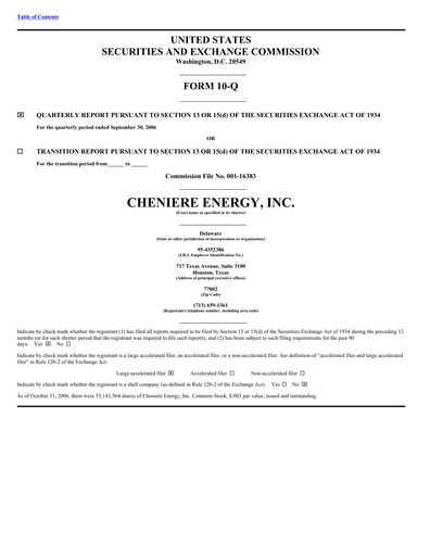 Miniature Cheniere Energy
 Rapport trimestriel 2006-q3