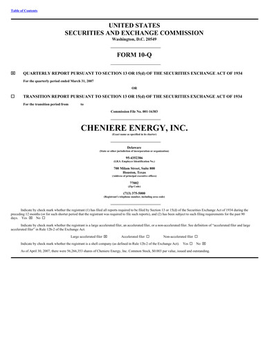 Miniature Cheniere Energy
 Rapport trimestriel 2007-q1