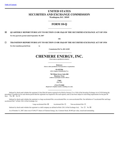 Miniature Cheniere Energy
 Rapport trimestriel 2007-q3