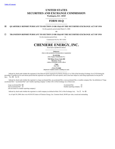 Miniature Cheniere Energy
 Rapport trimestriel 2008-q1