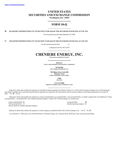 Miniature Cheniere Energy
 Rapport trimestriel 2008-q3