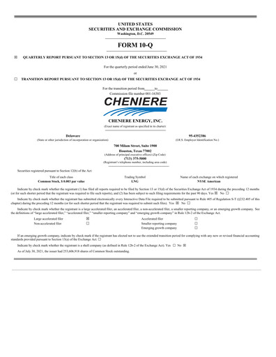 Miniature Cheniere Energy
 Rapport trimestriel 2021-q2