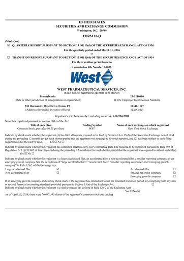 Vorschaubild West Pharmaceutical Services Quartalsbericht 2026-q1