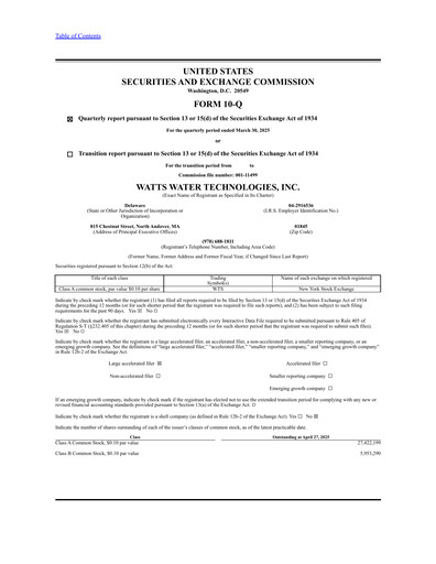 Miniature Watts Water Technologies
 Rapport trimestriel 2025-q1
