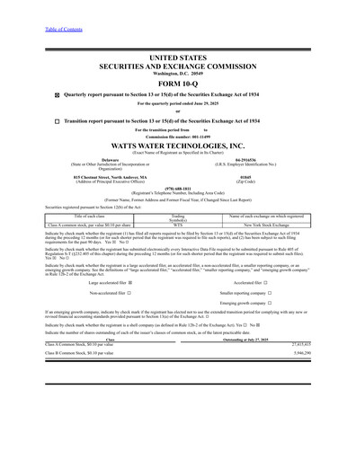 Miniature Watts Water Technologies
 Rapport trimestriel 2025-q2
