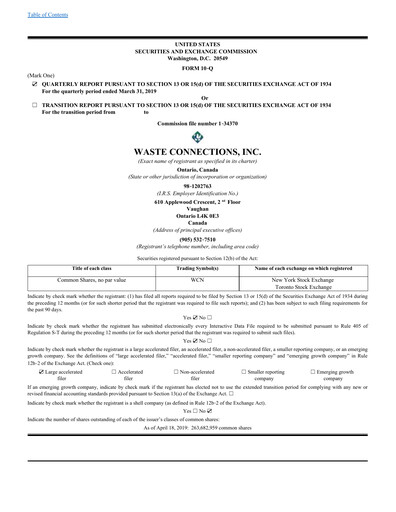 Thumbnail Waste Connections Quarterly Report 2019-q1
