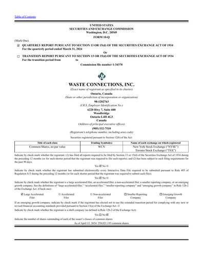 Thumbnail Waste Connections Quarterly Report 2024-q1