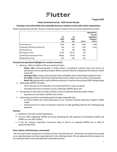 Thumbnail Flutter Entertainment Half-year Report 2019-h1