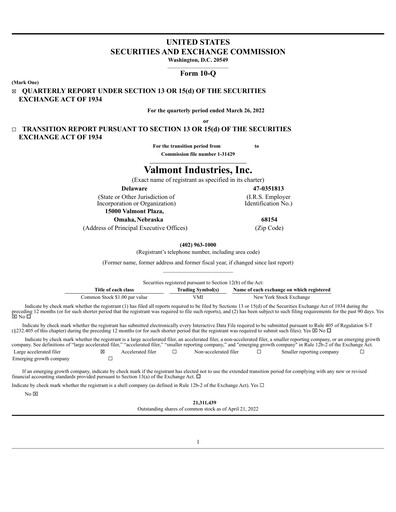 Miniature Valmont Industries
 Rapport trimestriel 2022-q1