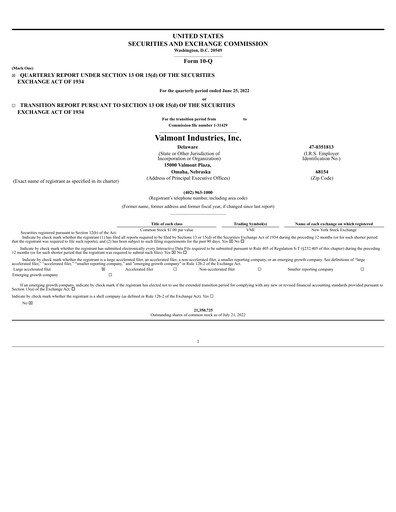 Miniature Valmont Industries
 Rapport trimestriel 2022-q2